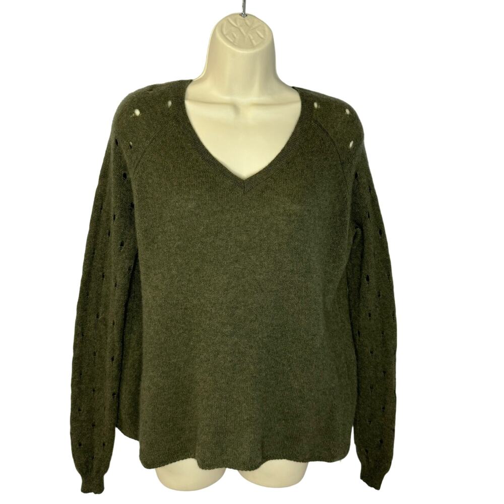 KOKUN Women's 100% Cashmere Crewneck Pullover V Neck Sweater Green Soft S